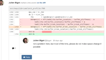 Figure 3. GitLab interface to comment on a specific line of code in a merge request. Lines highlighted in red are those removed by the merge while those in green are added