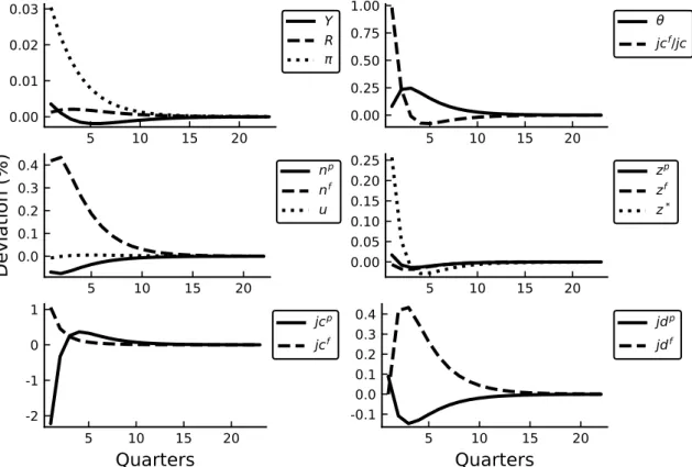 Figure 4.5: IRF of main variables to a one-standard deviation volatility shock to productivity.