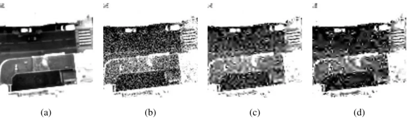 Fig. 9. Visual comparison of reconstruction results. (a) is the reference image, (b) is the observed image, (c) is the image reconstructed with the parameters obtained by the minimizing the measured distortion and (d) is the image reconstructed with the pa