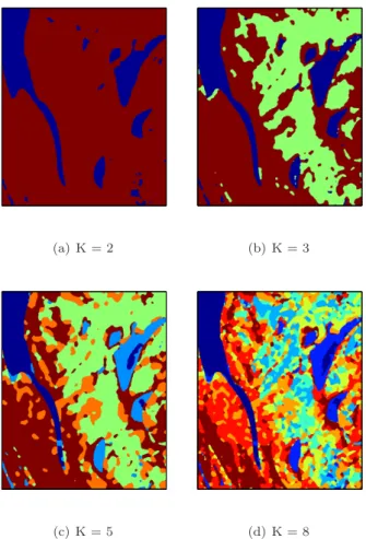 Figure 5: Classification maps of TSX1 image obtained with unsupervised ATML-CEM method for different numbers of classes K = {2,3,5,8}.