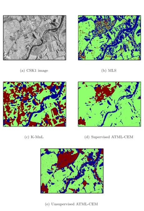 Figure 9: (a) CSK1 image, (b), (c) and (d) classification maps obtained by K- K-MnL, supervised and unsupervised ATML-CEM methods