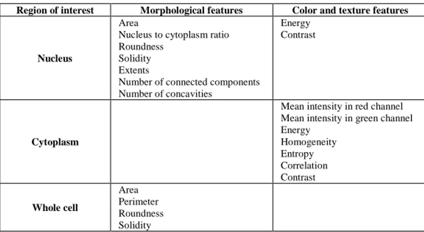 Table 1. Features extracted for cells classification. 