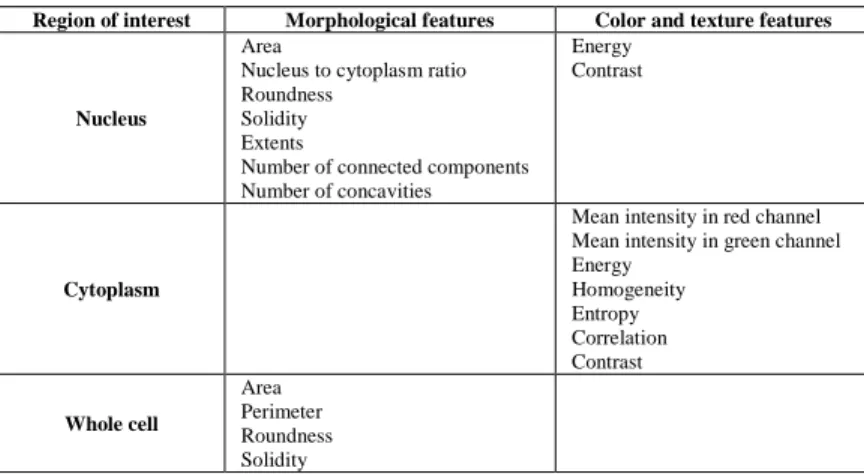 Table 1. Features extracted for cells classification. 