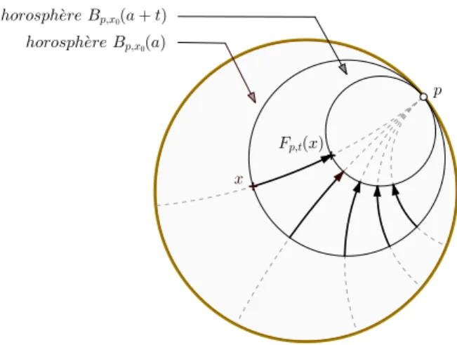 Figure 1. The map F p,t sending the horosphere B p,x −1 0 (a) to the horosphere B p,x−1 0 (a + t).