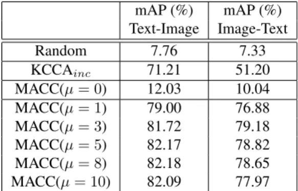 Table 6. Pascal VOC07: classification in a cross-modal context using the completion mechanism for MACC representations.