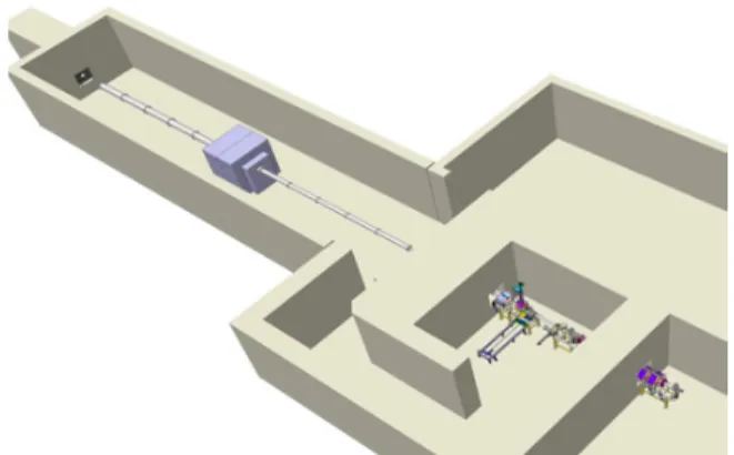 Figure 1. View of the 2 areas of NFS. The converter cave where neutrons are produced and the TOF area for experiments with the neutron beam.