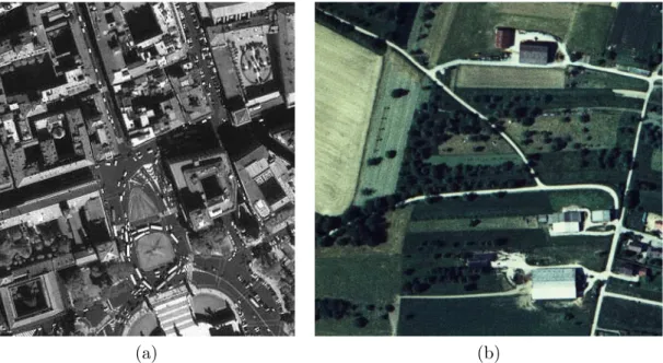 Fig. 1.3 – Exemples de r´eseaux routiers sur des images haute r´esolution - (a) r´eseau routier urbain sur une image IKONOS d’un m`etre de r´esolution c ° Space Imaging  -(b) r´eseau routier rural sur une image a´erienne de cinquante centim`etres de r´esol