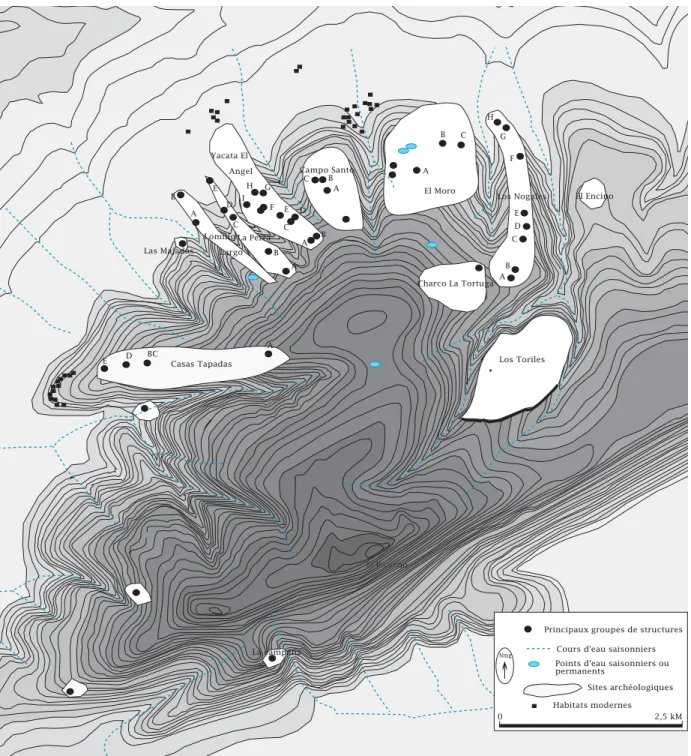 Fig. 169 : Carte topographique  du massif  du Barajas, et localisation des principaux établissements préhispaniques (D’après G