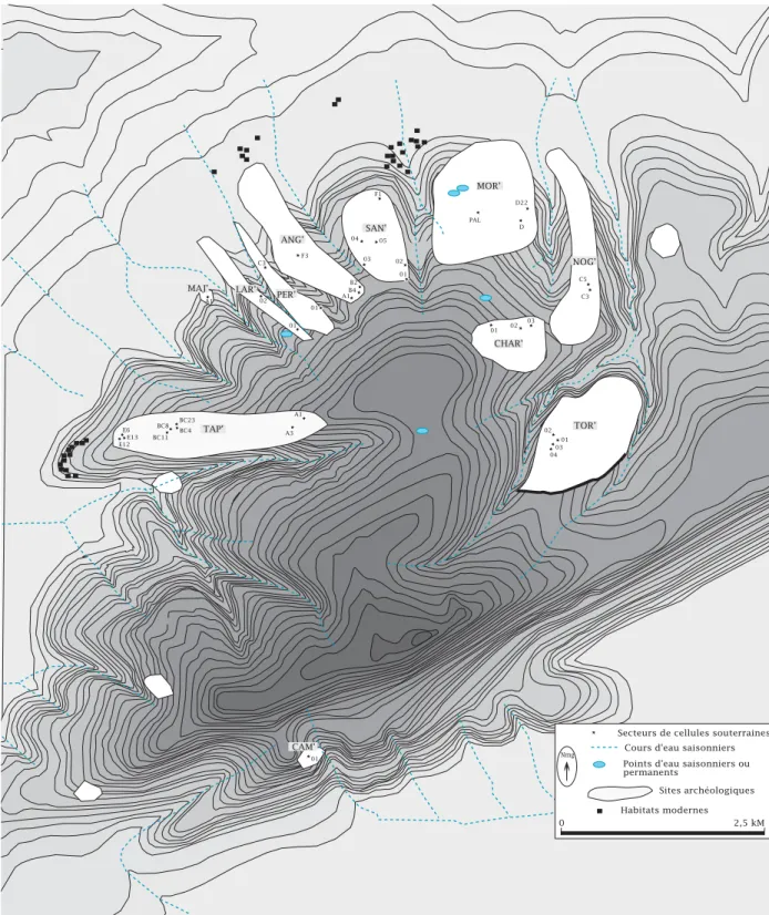 Fig. 172 : Carte topographique du massif  du Barajas, avec localisation des zones de cellules souterraines (d’après G