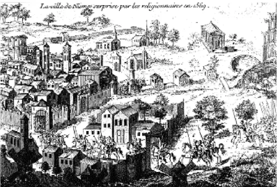 Fig. 2. « La ville de Nismes surprise par les religionnaires en 1569 », vue de l’ouest.