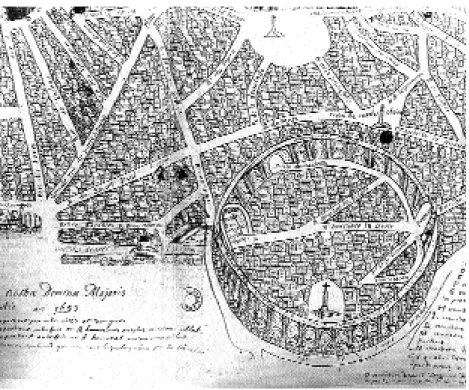 Fig. 10. « Paracia nostra Domina Majoris Delineatis, an 1683 »,  orienté sud/nord. Dessin à la plume d’un Révérend Père Minime.