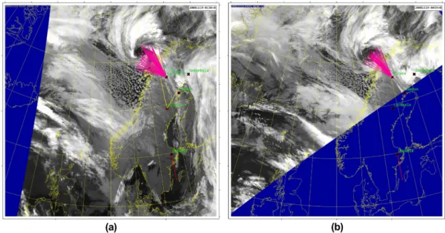 Fig. 4. AVHRR (Advanced Very High-Resolution Radiometer) imagery, plus direction of arrival of the infrasound detections and duration of the  signal for 19 November 2008 at (a) 01:38 UTC; (b) 04:59 UTC