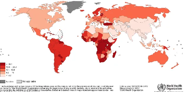 Figure 10 : Taux de mortalité mondiale du cancer de la prostate en 2012  (Source : http://globocan.iarc.fr/old/FactSheets/cancers/prostate-new.asp) 
