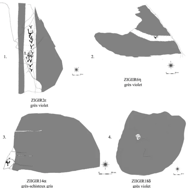 Figure 20.  Roches gravées montrant un choix délibéré évitant les parties d'arkoses (en gris)