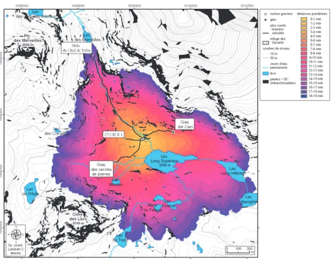 Figure 4. Carte des distances pondérées et des plus courts chemins depuis le refuge des Savants vers des  roches gravées ou des gias