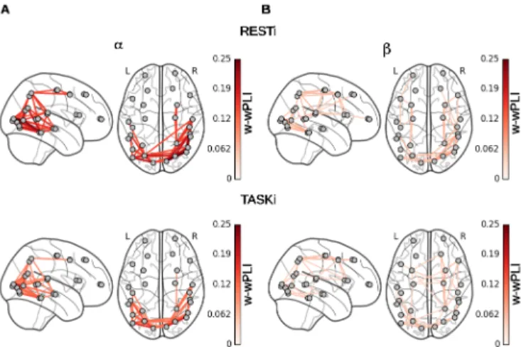 Fig. 4. Top: Strongest functional interactions estimated at rest using the w- w-wPLI index, in the α (j = 5, left) and β (j = 4, right) bands, respectively.