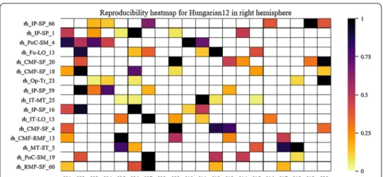 Fig. 7  Reproducibility heatmap for Hungarian algorithm with threshold 12 mm, for the right hemisphere