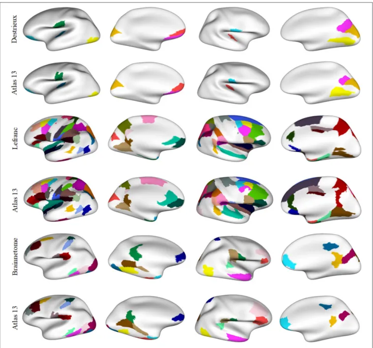 FIGURE 9 | Common parcels between atlas 13 parcellation and some parcellations from the state-of-the-art with Dice coefficient ≥0.6