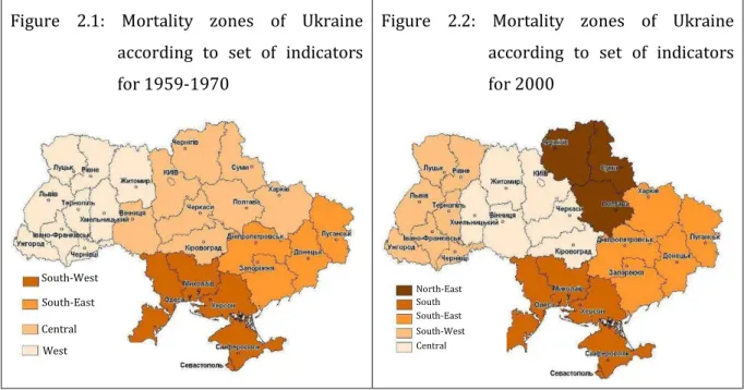 Figure  2.1:  Mortality  zones  of  Ukraine  according  to  set  of  indicators  for 1959-1970 