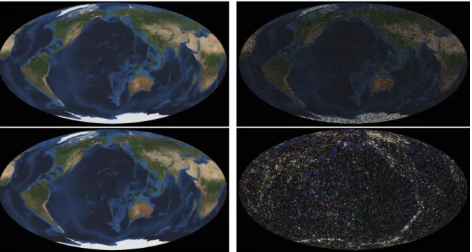 Figure 5: Application of the proposed MCA-inpainting algorithm on the sphere. top left : original satellite view of the Earth ( mean = 76.9, σ = 47.7 )