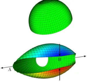 Figure 8. Initial geometry and deformed geometry at F = 400 N for the hemispherical shell subjected to alternating radial forces.