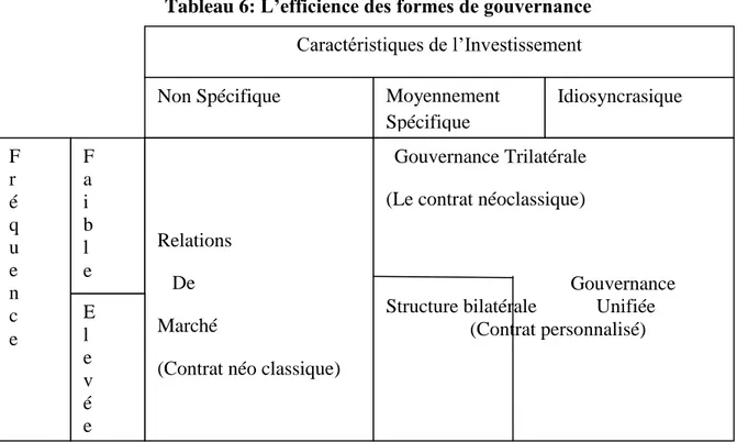 Tableau 6: L’efficience des formes de gouvernance  