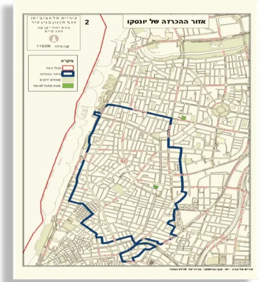 Figure 1:  Plan de la « la ville Blanche » [UNESCO] au centre-ville de Tel-Aviv     1:18,000, département technique de la ville, 2012