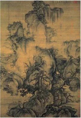 FIG. 10  :   Fan Kuan, Voyageurs au milieu des  Montagnes et des Ruisseaux, encre et légère couleur sur  soie, 155,3 × 74,4 cm, Musée national du palais  (Taipei).
