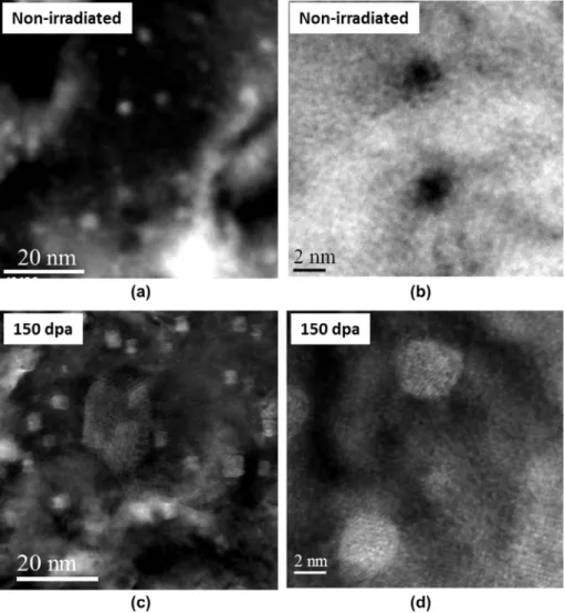 Fig. 5. Evolution of the nanoparticles after irradiation: (a) nanoparticle distribution prior to irradiation; (b) two nanoparticles prior to irradiation; (c) nanoparticle distribution after 150 dpa at 500 °C; (d) two nanoparticles after 150 dpa at 500 °C.