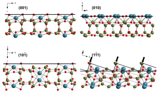 Figure 12: Representation of the cross section of the      ,      ,        flat faces and the        stepped face  of albite crystal (red, blue, and green balls represent O, Na, and Si/Al atoms, respectively)