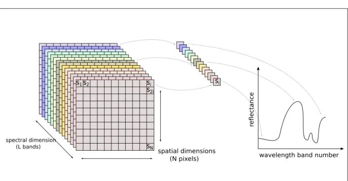 Figure 2.1: Hyperspectral imaging concept showing from left to right the hyperspectral image cube, the reflectance spectrum of a pixel, and the plot of the reflectance values as a function of wavelength.