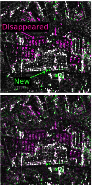 Figure 9: Up : Classified changes detected by the MAGMA method (In Green : New items. In Purple : Disappeared items)