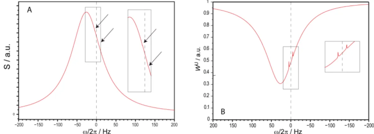 Fig. 1. Numerical simulation of a pulsed (A) and spin-noise spectra (B) for a spin system including three species: 