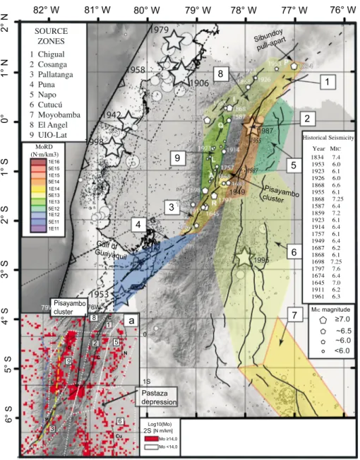 Figure 12. Crustal seismogenic source zones. Nine crustal SSZs are de ﬁ ned. Polygons are colored according to the seismic moment release density MoRD for each source