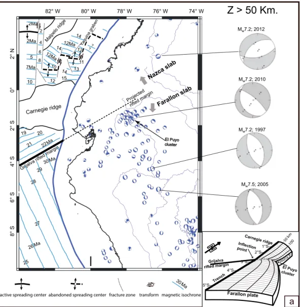 Figure 3. Focal mechanisms for intermediate-depth earthquakes (55 km &lt; Z ≤ 300 km) obtained from the Harvard global centroid moment tensor catalog [Dziewonski et al., 1981] from 1976 to 2013
