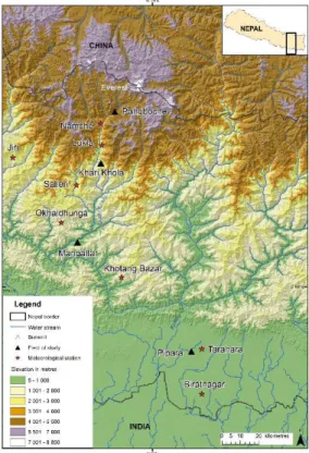 Figure 1. Location of study sites and meteorological stations selected in the Koshi basin, Nepal