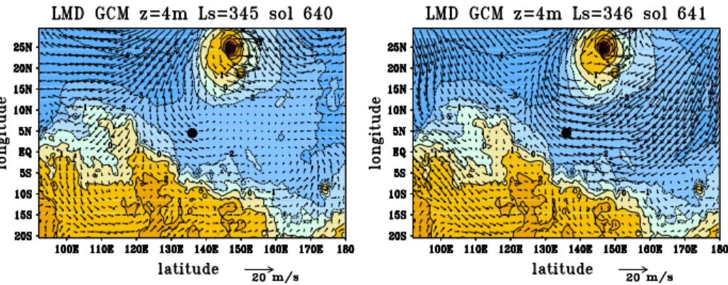 Fig. 10 Diurnally-averaged near-surface winds (at 4 m above ground) in the Insight landing site area as predicted by the LMD Global Climate Model for two consecutive sols in late northern winter, a period when the wind direction oscillates from sol to sol