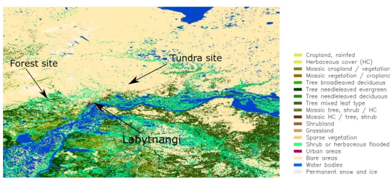 Figure 2. Land-cover map (ESA CCI product) [Bontemps et al., 2013] around Labytnangi and locations of the two experimental sites (Tundra and Forest).