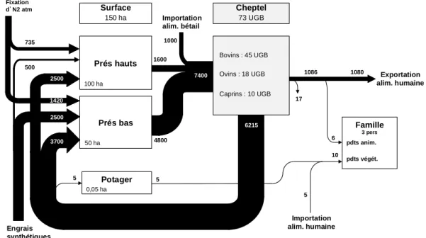 Figure 5. Les flux d’azote en kg/an d’un système pastoral spécialisé exemple (2013) 