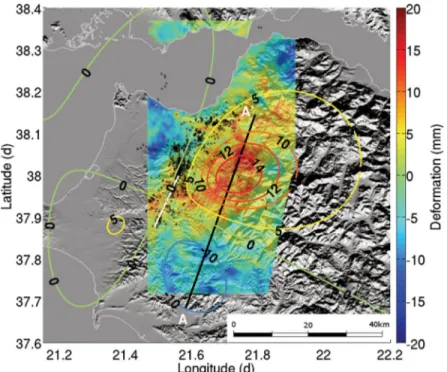 Figure 10. Comparison of SAR interferometry deformation field with that of the preferred model (both in the line of sight, red colour represents deformation towards satellite) discussed in the text