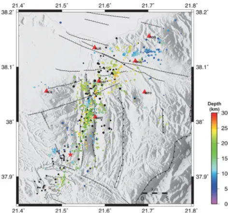 Figure 3. HYPODD relocated aftershocks with colours as a function of depth. Red star indicates main shock epicentre and black dots are the relocated aftershocks occurring the first week (after Gallovic et al
