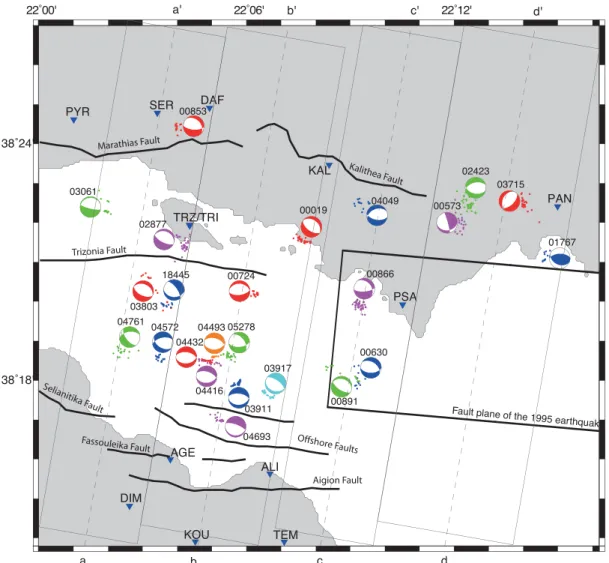 Figure 8. Map of the Western Corinth Rift displaying the 24 studied multiplets with the corresponding composite focal mechanisms, the main faults identified on the southern and northern coasts and the inferred rupture plane of the 1995 earthquake (Bernard 