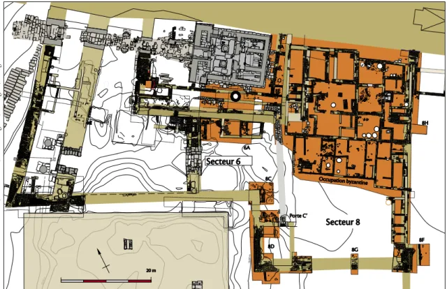 Fig. 3.  Plan du secteur du temple de Ptah avec les zones fouillées (orange) en 2014-2016