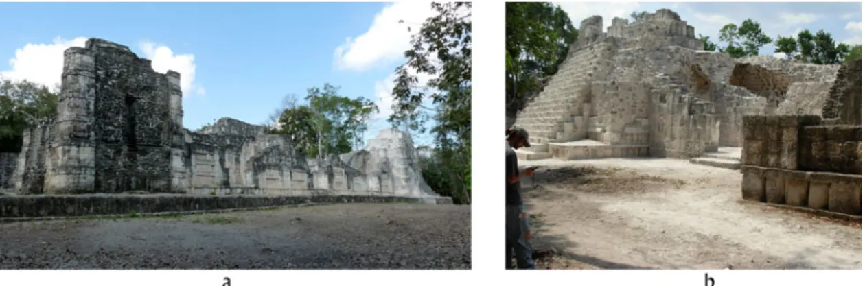 Figure 4. Views of Structure A after excavation and consolidation: (a) north façade; (b) south façade with pyramid-temple