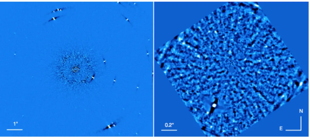 Figure 1. Final images obtained for IRDIS (left) and for IFS (right). The IRDIS image is from 2016-04-15 observation while the IFS image is from 2016-02-29 observation to be able to show the background star that was no more into the IFS FOV in April.