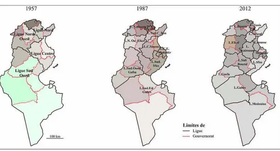 Illustration 9 - Gouvernorats et ligues régionales de football en Tunisie en 1957, 1986 et 2012