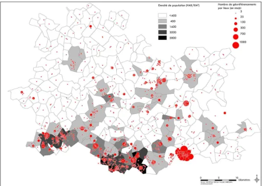 Figure 2 : Densité de population à l’échelle de la zone d’étude et géoréférencement numérique des lieux sur Facebook