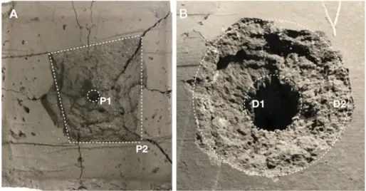 Figure 4: The produced craters of two experiments. (A) Crater of the shot G181109#3 with impact speed 4.71 km s −1 and 2 mm size projectile