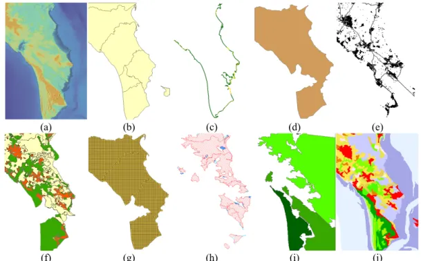 Figure 3: Areas and spatial components of LittoSIM-Oléron: (a) digital elevation model; (b) districts; (c) coastal defenses; 