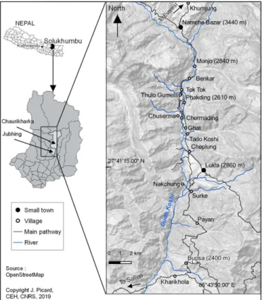 Fig. 1: Location map of the study area, part of Chaurikharka and Jhubing VDC (Solukhumbu district)